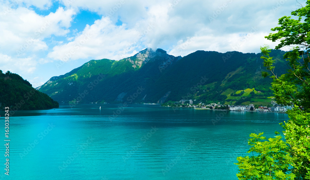 Beautiful view of the Swiss lake in the mountains.