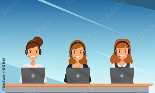 Operator of call center office working in headphones. Customer service character. Illustration vector.