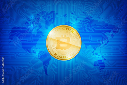 Abstract dark blue background bitcoin concept with print circuit board world map and lighting element vector illustration eps10