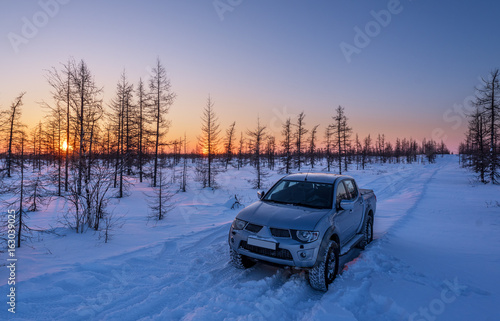 Car in the winter forest