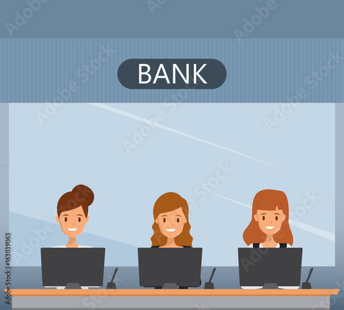 Bank interior with cashier operator woman sitting. Financial counter. Illustration vector.