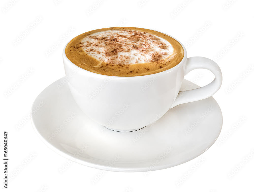 Hot coffee cappuccino in ceramic cup isolated on white background, clipping path included