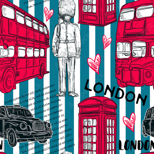 Seamless pattern with London landmark symbols on striped background. Vintage hand drawn vector illustration in sketch style.