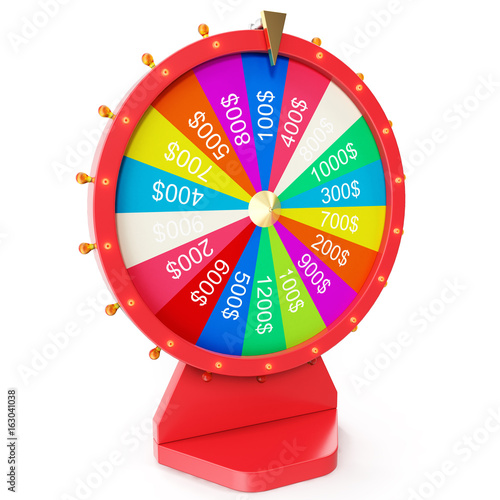 Realistic spinning fortune wheel, lucky roulette. Colorful wheel of luck or fortune. Wheel fortune isolated on white, 3d illustration