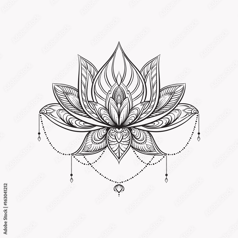 Filigree lotus flower, vector handdrawn illustration