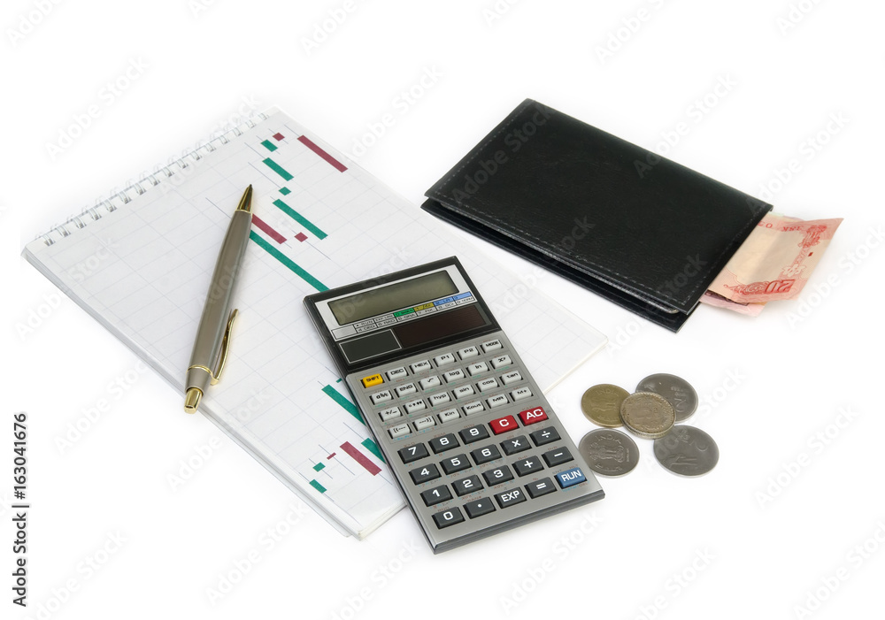Financial analysis, calculator, Notepad isolated on white Financial analysis, calculator, Notepad isolated on white