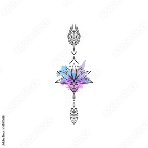 Ethnic arrow with lotus flower and feathers in elegant style.
