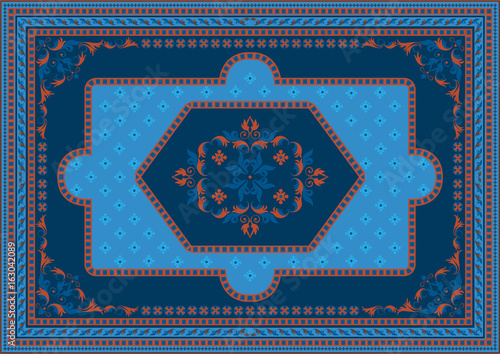 Luxury  carpet with ethnic oriental ornament in terracotta and blue shades