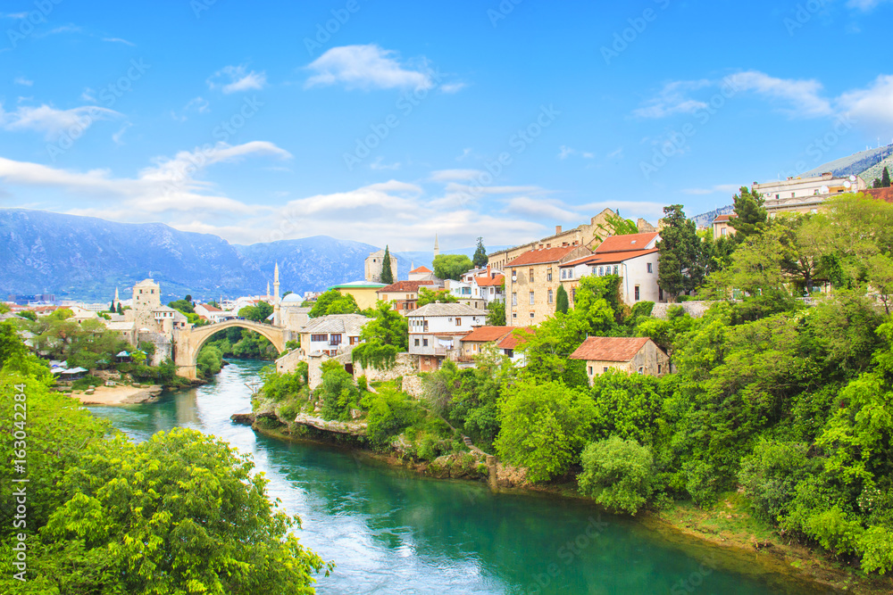 Beautiful view Old bridge in Mostar, Bosnia and Herzegovina, on a sunny day