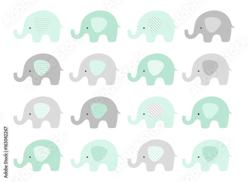 Cute elephant vector set in shades of mint and gray. Baby boy.