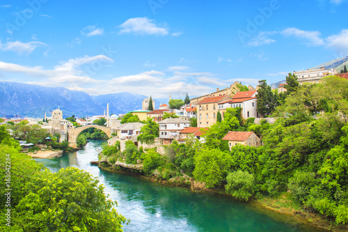 Beautiful view Old bridge in Mostar, Bosnia and Herzegovina, on a sunny day © marinadatsenko