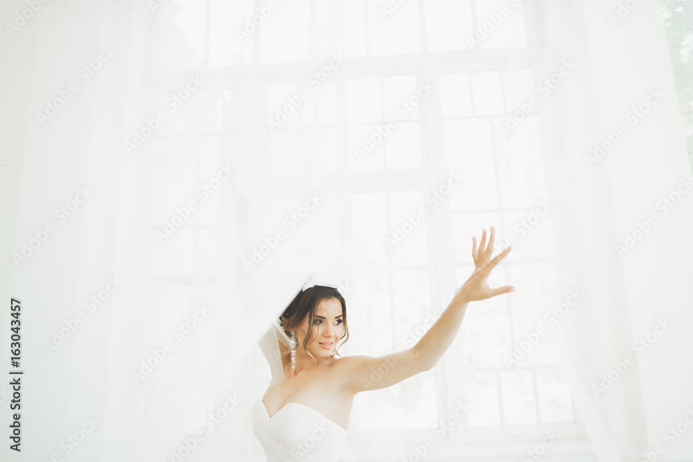 Beautiful bride in wedding dress with long full skirt, white background, dance and smile Beautiful bride in wedding dress with long full skirt, white background, dance and smile