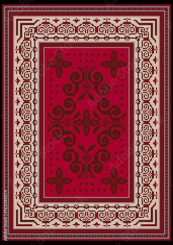 Vintage carpet with ethnic ornaments on the red in the mid and light pink on the sides