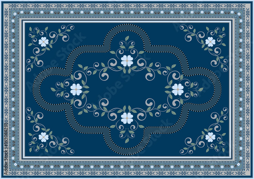 Luxury ethnic carpet with oriental floral ornament in blue and green shades
