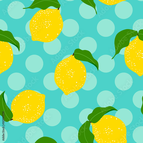 Seamless  floral pattern with lemon fruit on a polka dot  background. .