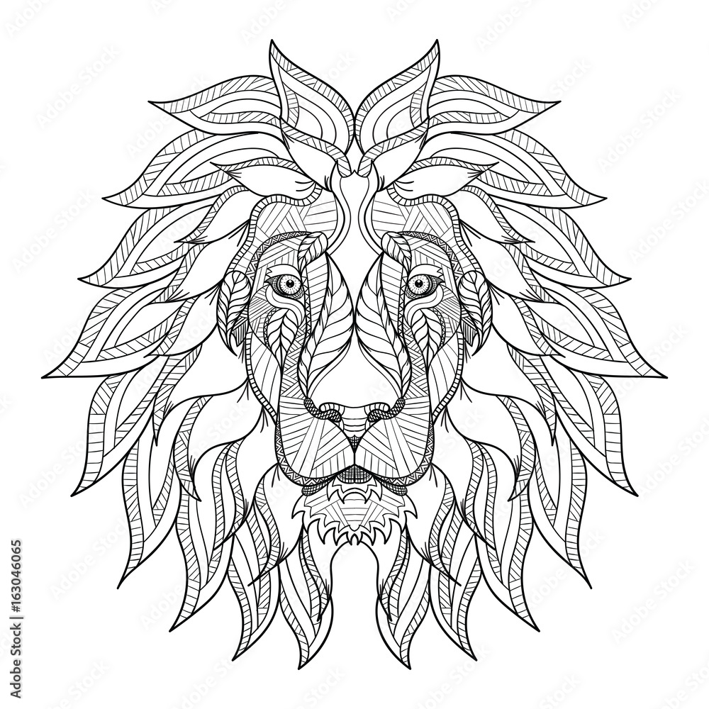 Obraz premium Zentangle głowa lwa, doodle stylizowane, wektor, ilustracja, wyciągnąć rękę, wzór. Sztuka Zen. Czarno-biały ilustracja na białym tle. Grafika liniowa.
