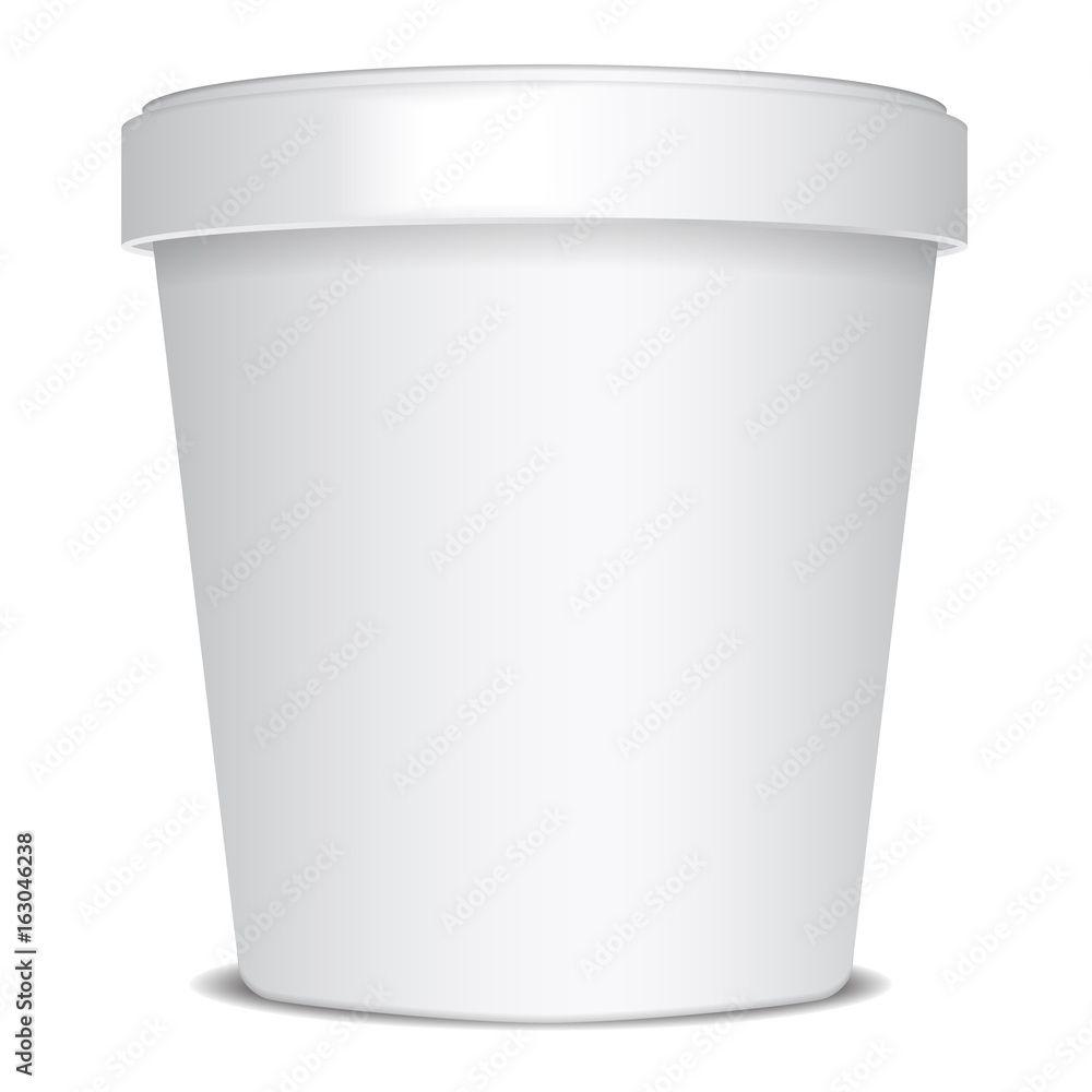 Plastic or Paper Bucket Food Tub Container For Ice Cream, Dessert, Yogurt,  Sour Cream Or Snacks. Vector Mock Up Template Stock Vector