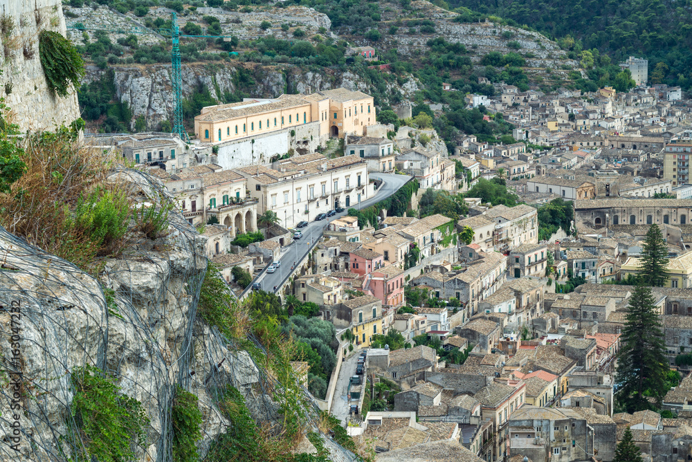 View of houses in old town Modica, Sicily