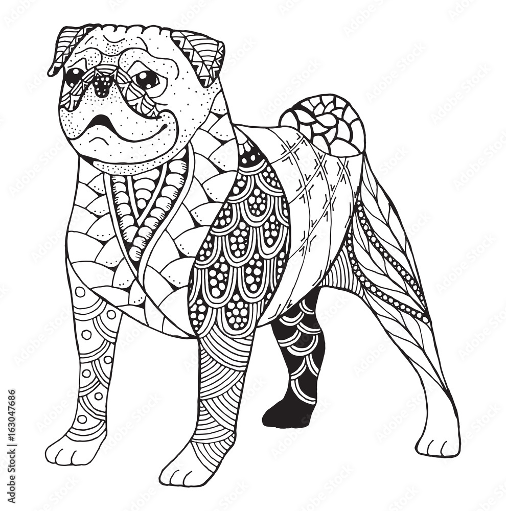 Pug dog zentangle stylized, vector, illustration, freehand pencil, hand  drawn, pattern. Zen art. Black and white illustration on white background.  vector de Stock | Adobe Stock