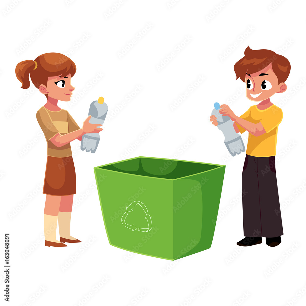 Kids, boy and girl, throw plastic bottles in trash, garbage recycling