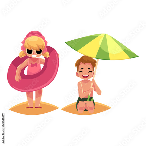 little girl playing on beach with inflatable ring and little boy hiding from sun under big beach umbrella, summer vacation, cartoon vector illustration isolated on white background.