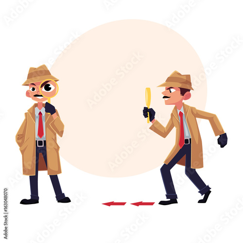 Detective character following, tiptoeing after somebody with magnifying glass, cartoon vector illustration with space for text. Full length portrait of funny detective character at work
