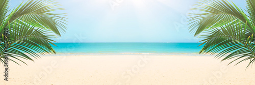 Sunny tropical beach panorama  turquoise Caribbean sea with palm trees