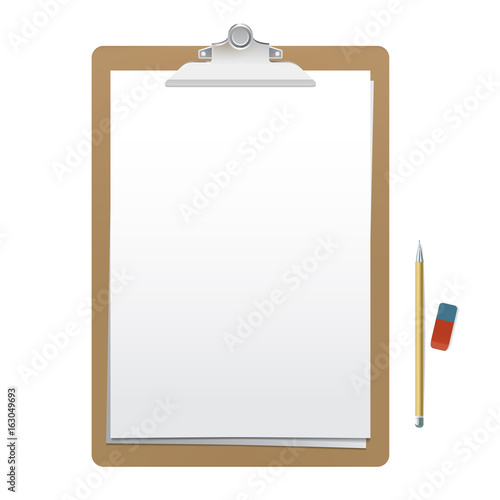 Realistic wooden clipboard with white empty page, pencil and eraser isolated on white background. Vector mockup for your sketches and business presentation.
