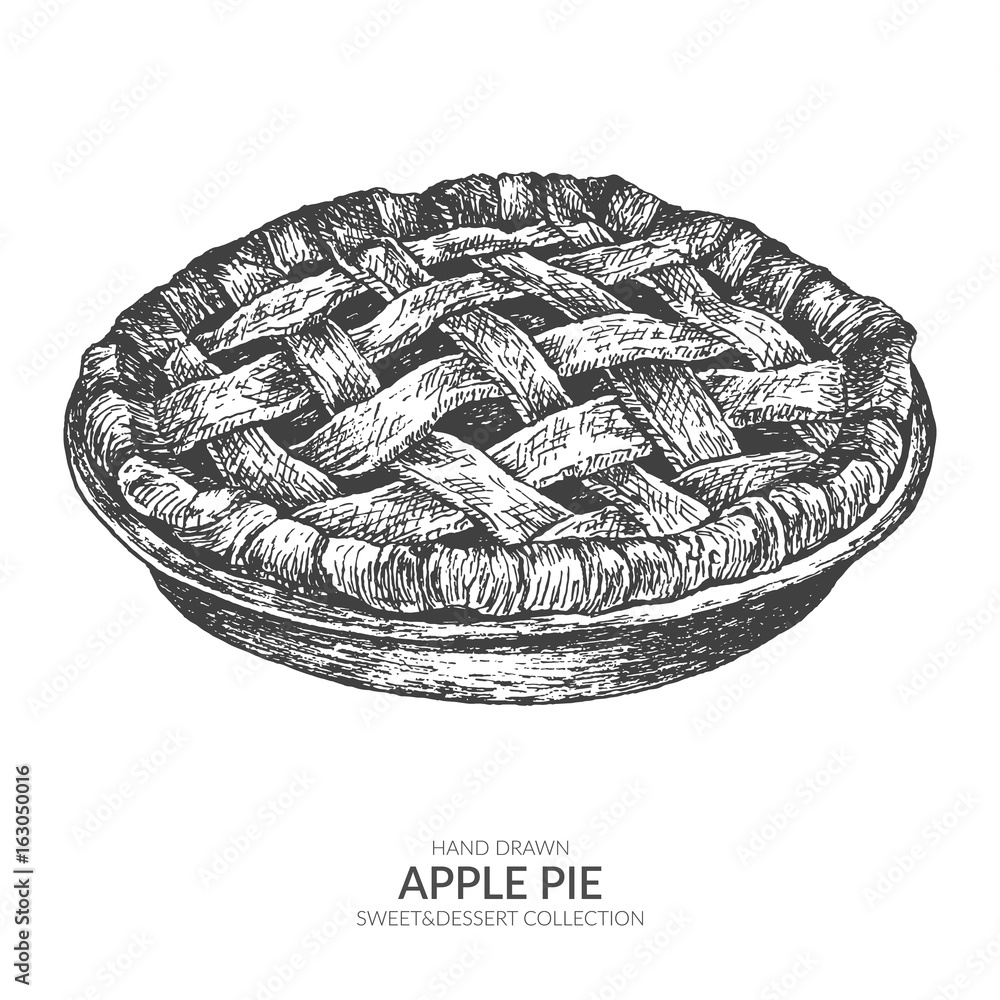 Hand drawn apple pie with ink and pen. Vintage black and white illustration. Sweet and dessert vector element. - obrazy, fototapety, plakaty 