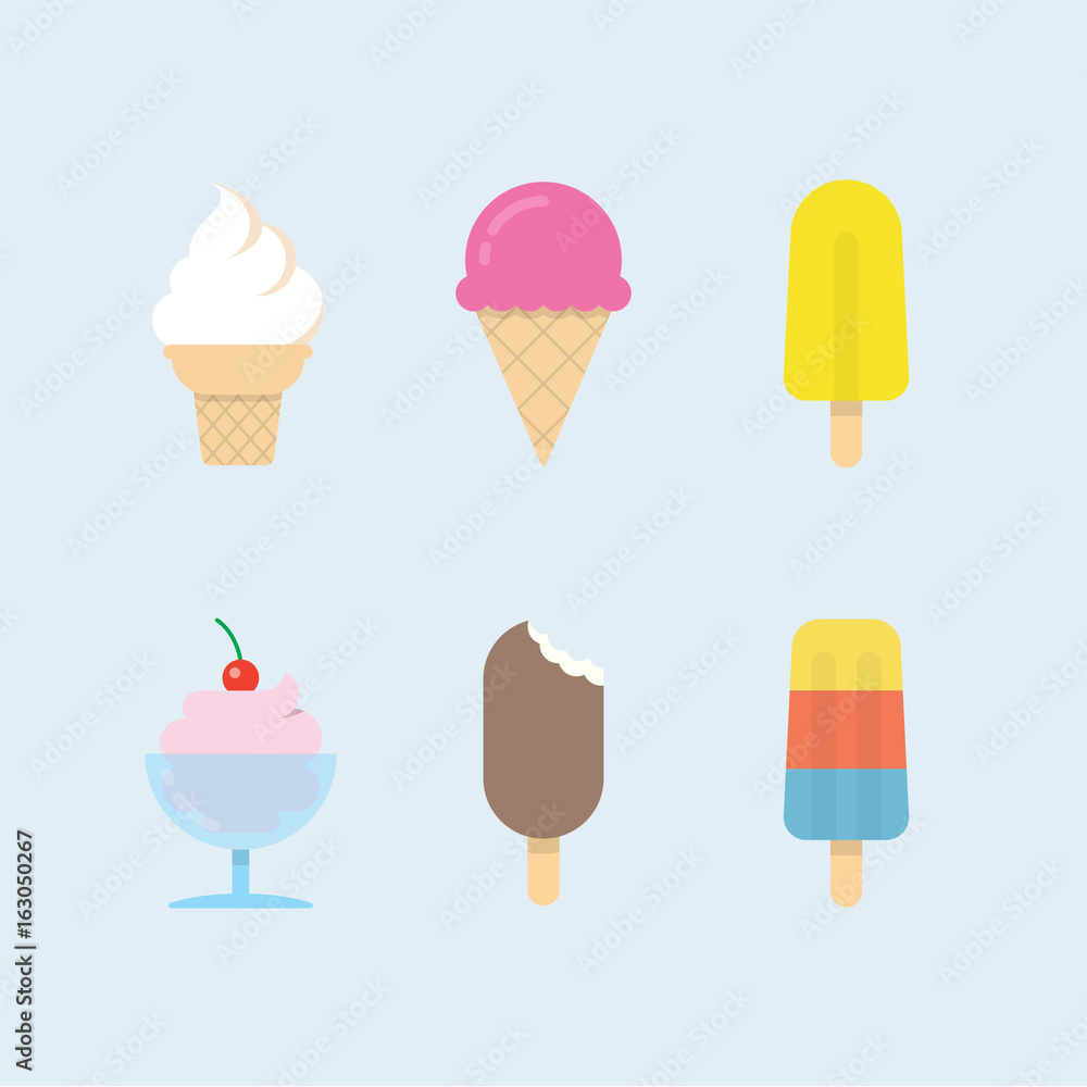 Set of ice cream icons. Vector ice cones, popsicles and ice cream balls in cups. Modern flat vector design. Set of ice cream icons. Vector ice cones, popsicles and ice cream balls in cups. Modern flat vector design.