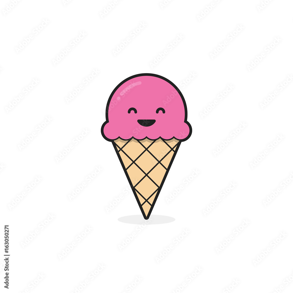 Ice cream illustration. Vector ice cone and pink ice cream ball. Modern flat vector design.