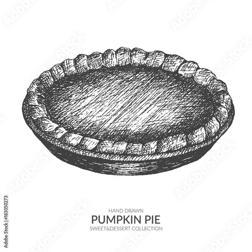 Hand drawn pumpkin pie with ink and pen. Vintage black and white illustration. Sweet and dessert vector element.