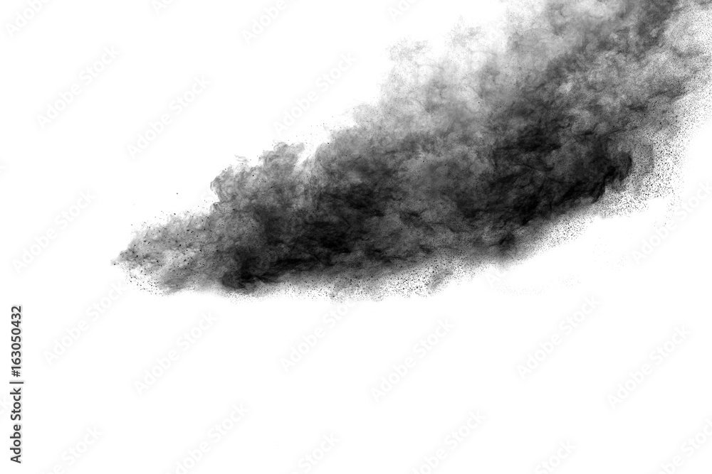 abstract black powder splatted on white background,Freeze motion of black powder exploding. abstract black powder splatted on white background,Freeze motion of black powder exploding.