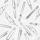 Vector background with stationery: pens, pencil, brush, pen. Seamless education pattern.