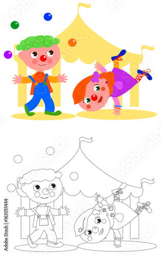 Boy and girl funny clown coloring vector illustration