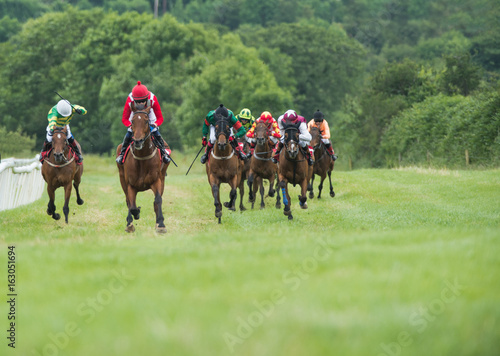 Race horses and jockeys on the home straight sprinting towards the finish line