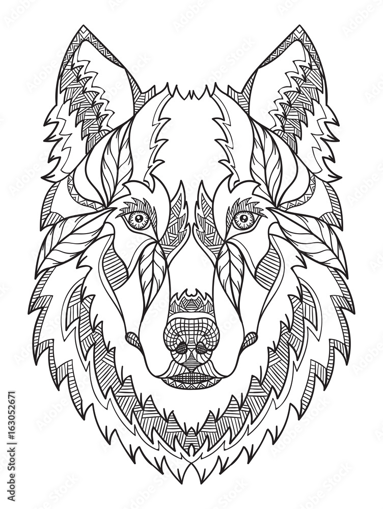 Gray wolf head zentangle stylized, vector, illustration, freehand ...
