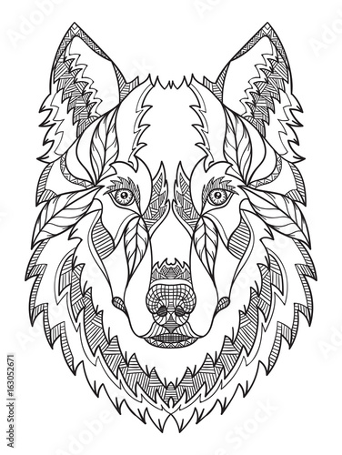 Fototapeta Gray wolf head zentangle stylized, vector, illustration, freehand pencil, hand drawn, pattern. Zen art. Ornate vector. Black and white illustration on white background.
