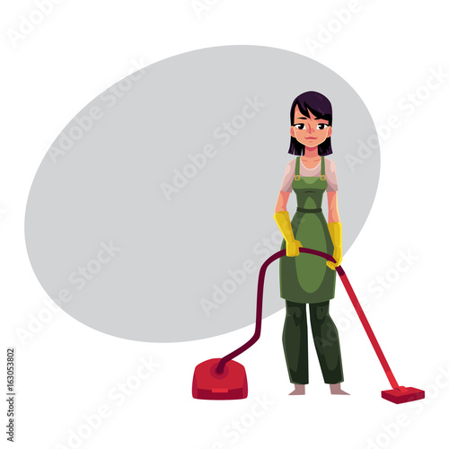 Cleaning service girl, charwoman in overalls standing with vacuum cleaner, cartoon vector illustration with space for text. Cleaning service girl wearing uniform, using vacuum cleaner