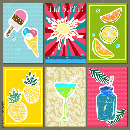 Vector hand drawn set of  summer cute  posters with pineapple, orange, lime,cocktail,  lemonade, ice cream, sun, palm leaves, phrases "Hallo Summer". Stickers and patches.