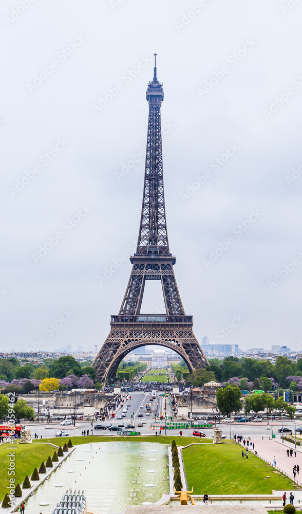 View of the Eiffel tower from observation deck at the Palais de Chaillot in Paris, France