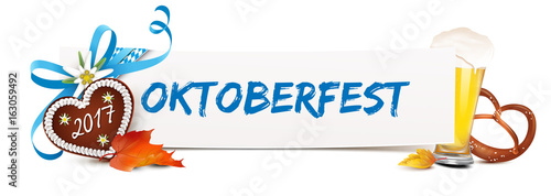 Oktoberfest 2017 -  Banner mit Lebkuchen Herz, Schleife, Bier, Brezel und Herbstblätter