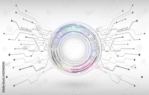 Abstract digital hi tech technology concept. Radial computer innovation design. Circular circuit texture on the grey background. Futuristic circuit board. Vector illustration