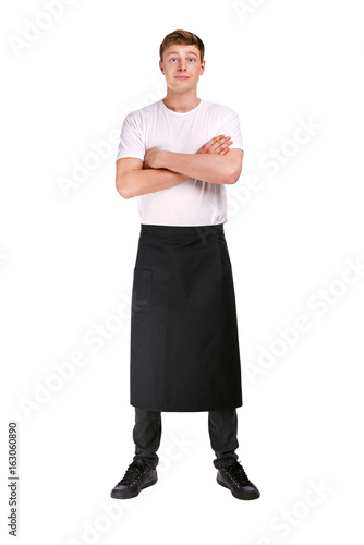 Young restaurant worker, servant isolated over white background, smiling