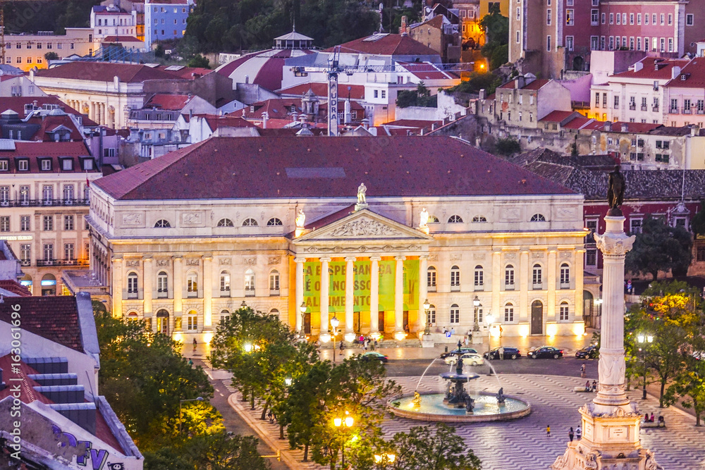 Obraz premium National Theater in Lisbon - aerial view in the evening - LISBON - PORTUGAL - JUNE 17, 2017