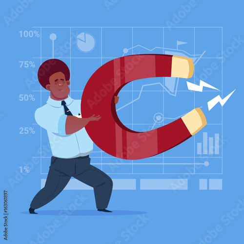 African American Business Man Holding Magnet Pulling Success Ideas Concept Flat Vector Illustration