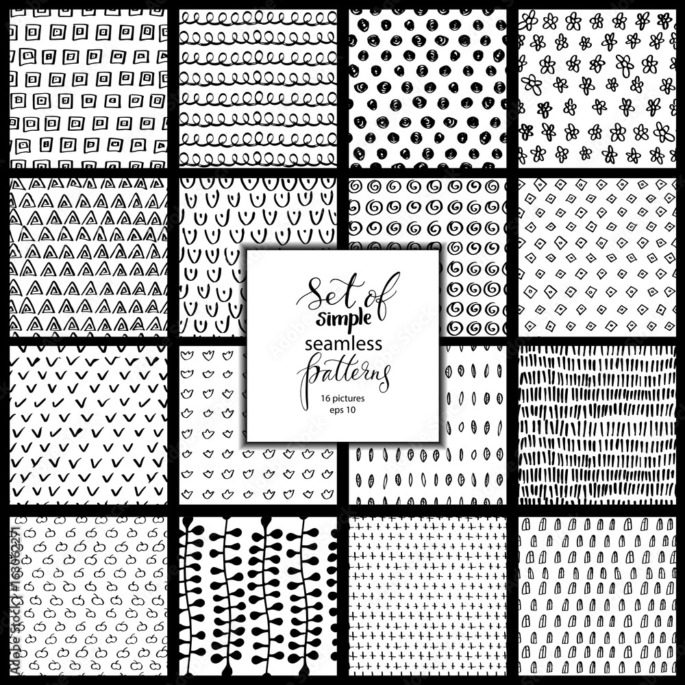 Set of hand drawn simple black and white textures Set of hand drawn simple black and white textures