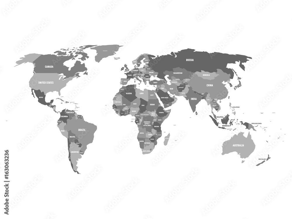 Obraz premium Political map of World in shades of turquoise blue with white country name labels. Isolated on white background. Vector illustration.