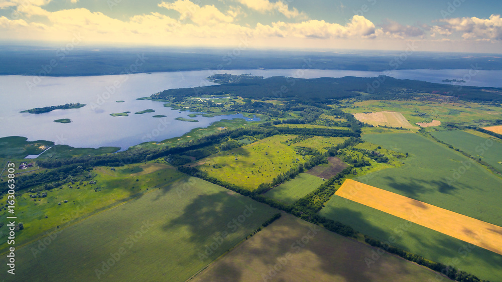 A panorama of a field of summer days from a bird's-eye view 