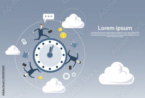 Business People Group Turning Around Alarm Clock Deadline Time Management Concept Flat Vector Illustration